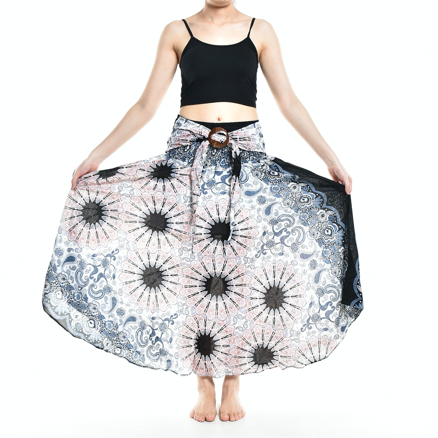 Bohotusk White Pink Ink Splash Long Skirt With Coconut Buckle (&