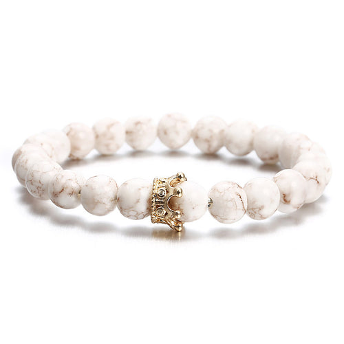 Black White Stone Crown Bracelets For Women Men Volcanic Couple Beads