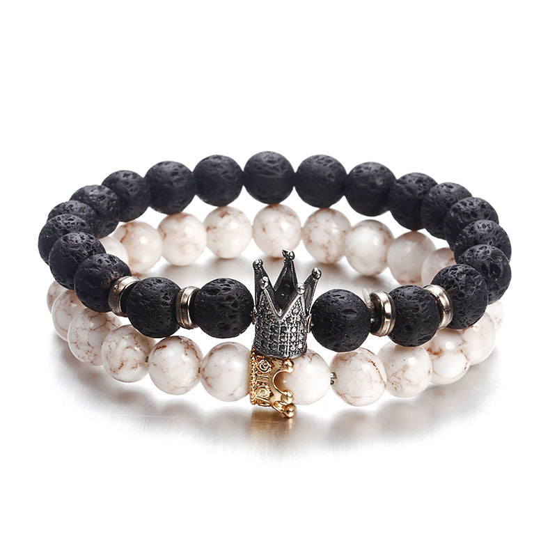 Black White Stone Crown Bracelets For Women Men Volcanic Couple Beads