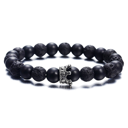 Black White Stone Crown Bracelets For Women Men Volcanic Couple Beads