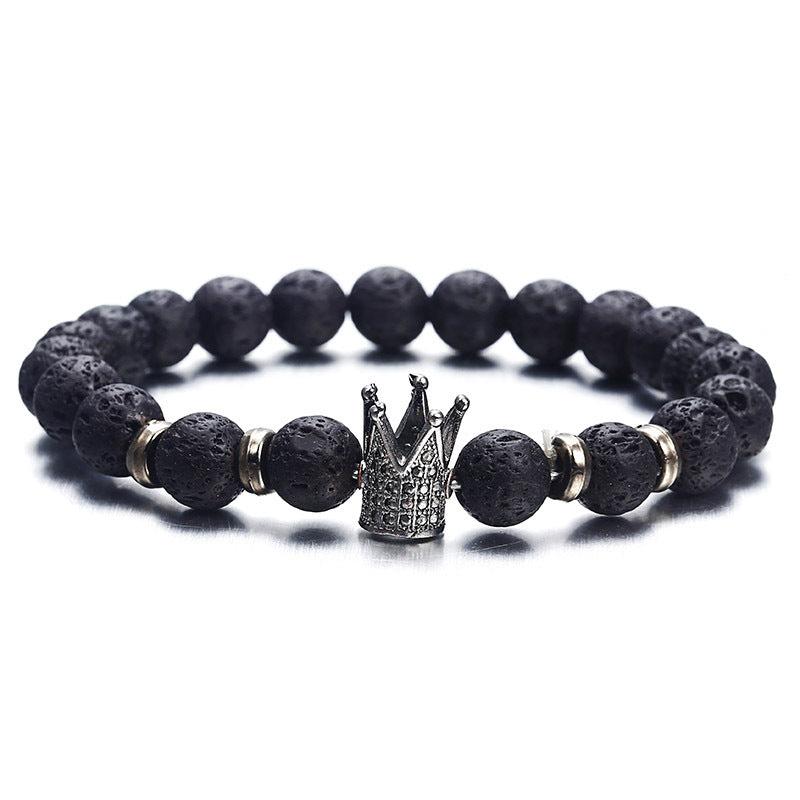 Black White Stone Crown Bracelets For Women Men Volcanic Couple Beads