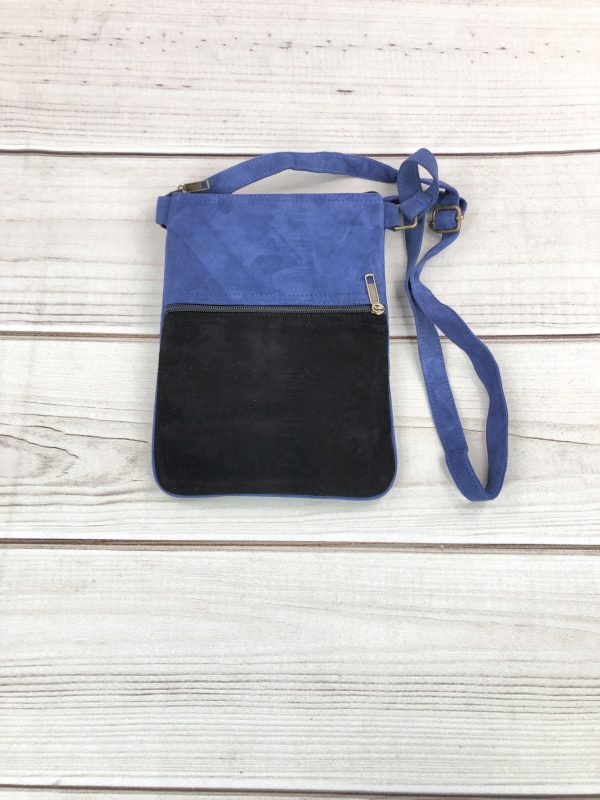 Blue And Taupe Suede Embroidered Cross-Body Bag