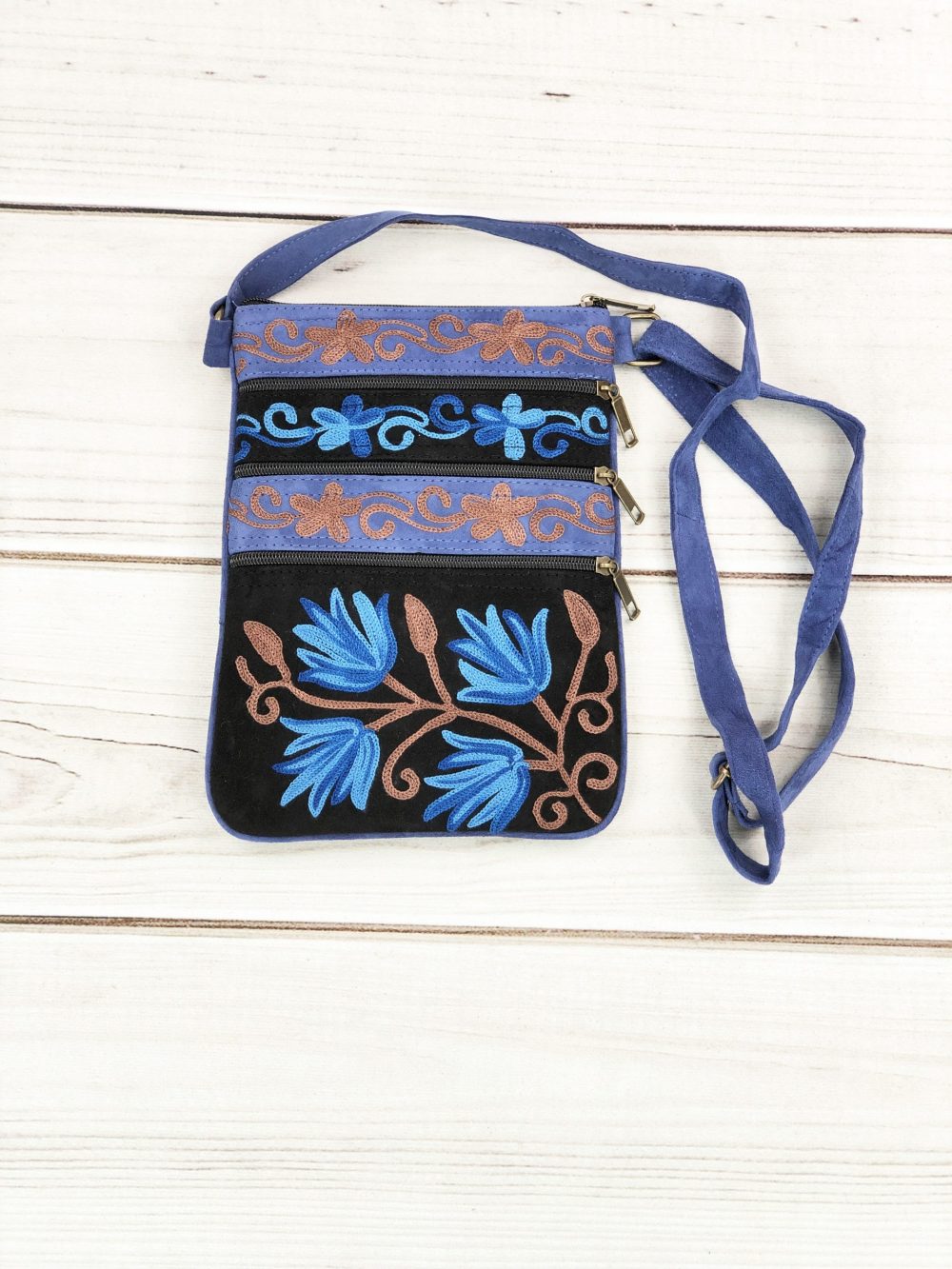 Blue And Taupe Suede Embroidered Cross-Body Bag