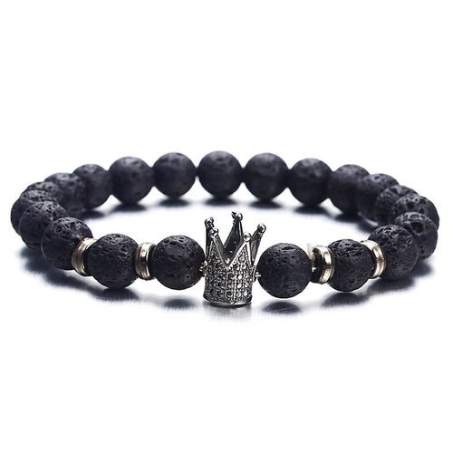 Black White Stone Crown Bracelets For Women Men Volcanic Couple Beads