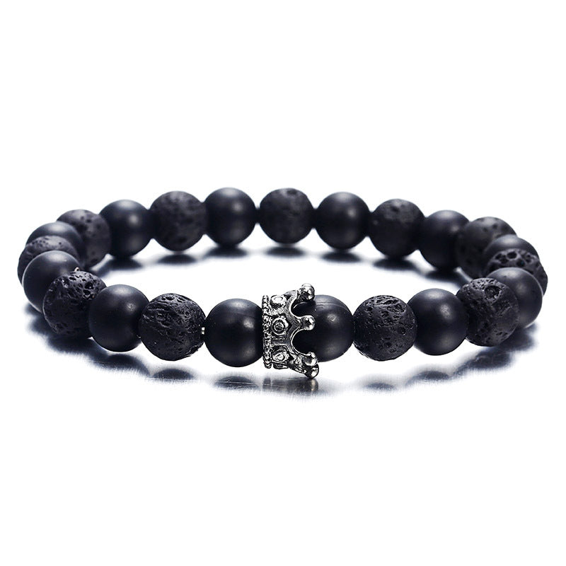 Black White Stone Crown Bracelets For Women Men Volcanic Couple Beads