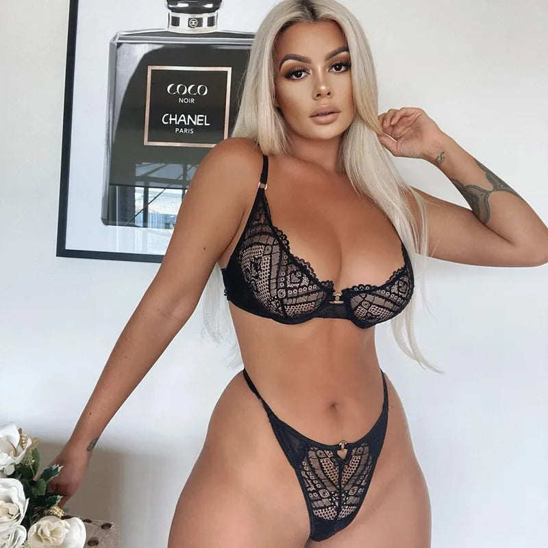 Yimunancy 2-Piece Hallow Out Bra Set Women Bra Underwire + Panty Sexy Underwear Set Ladies Fashion Lingerie Set