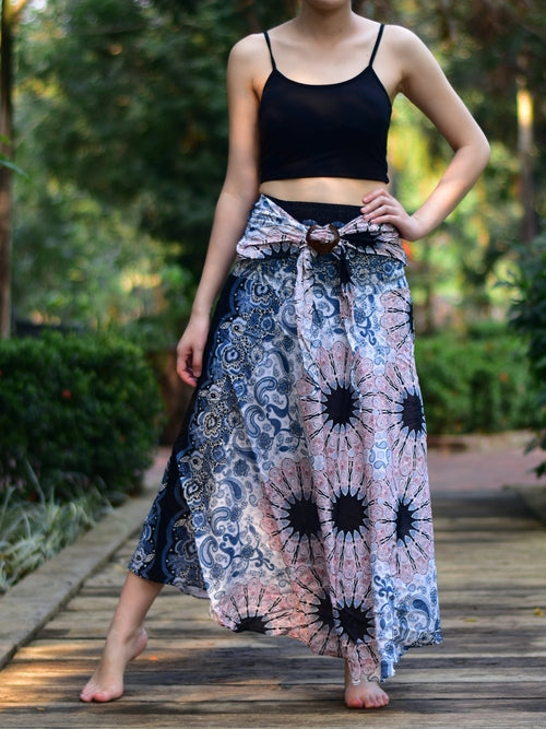 Bohotusk White Pink Ink Splash Long Skirt With Coconut Buckle (&