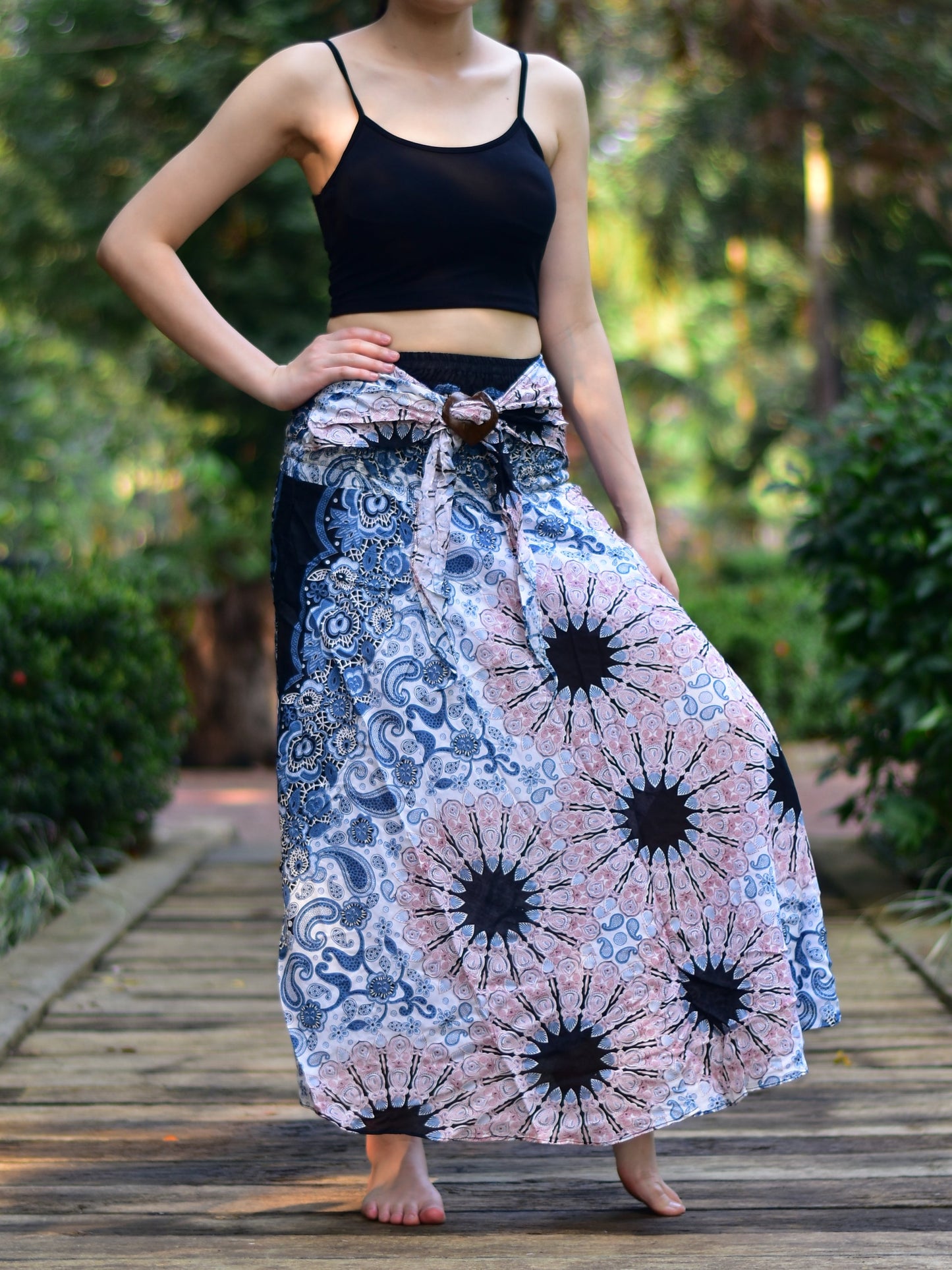 Bohotusk White Pink Ink Splash Long Skirt With Coconut Buckle (&