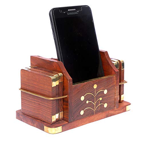 Sheesham Wood Mobile Stand Cum Coaster, inally Design with Two Sided