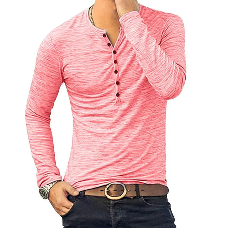 2020 Men Tee Shirt V-Neck Long Sleeve Tee&Tops Stylish Slim Buttons T-Shirt Autumn Casual Solid Male Clothing plus Size 3XL