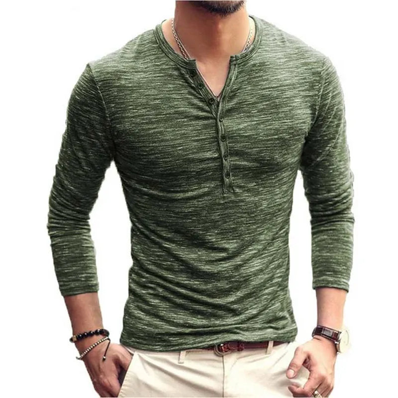 2020 Men Tee Shirt V-Neck Long Sleeve Tee&Tops Stylish Slim Buttons T-Shirt Autumn Casual Solid Male Clothing plus Size 3XL