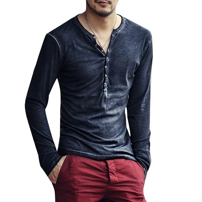 2020 Men Tee Shirt V-Neck Long Sleeve Tee&Tops Stylish Slim Buttons T-Shirt Autumn Casual Solid Male Clothing plus Size 3XL