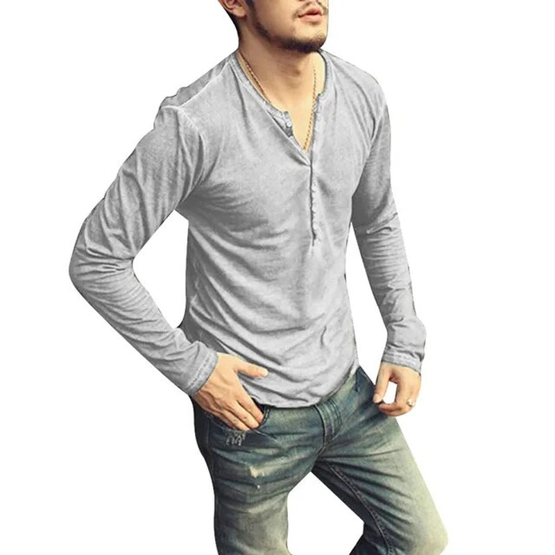 2020 Men Tee Shirt V-Neck Long Sleeve Tee&Tops Stylish Slim Buttons T-Shirt Autumn Casual Solid Male Clothing plus Size 3XL