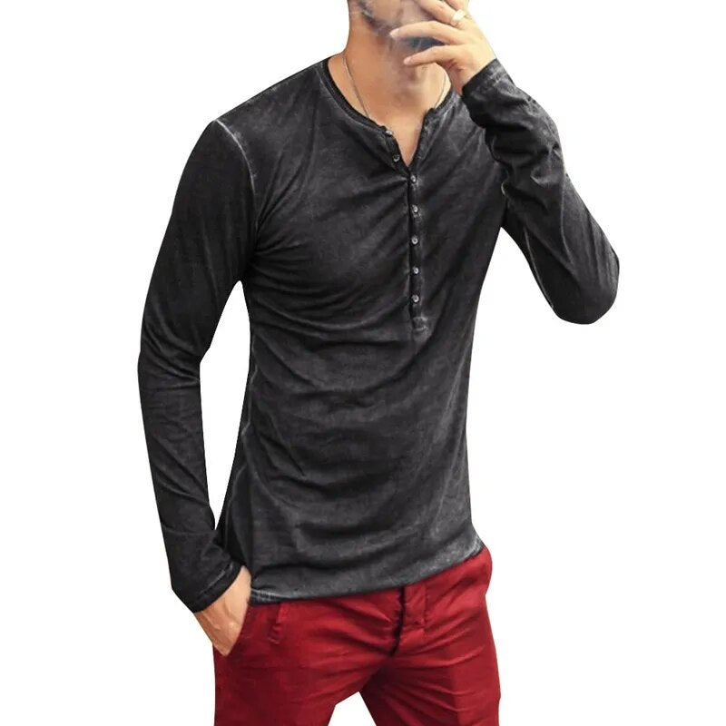 2020 Men Tee Shirt V-Neck Long Sleeve Tee&Tops Stylish Slim Buttons T-Shirt Autumn Casual Solid Male Clothing plus Size 3XL