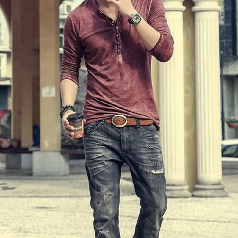 2020 Men Tee Shirt V-Neck Long Sleeve Tee&Tops Stylish Slim Buttons T-Shirt Autumn Casual Solid Male Clothing plus Size 3XL