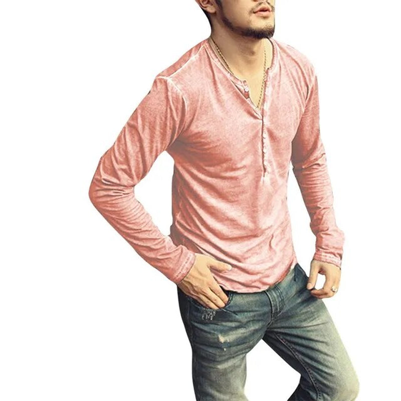 2020 Men Tee Shirt V-Neck Long Sleeve Tee&Tops Stylish Slim Buttons T-Shirt Autumn Casual Solid Male Clothing plus Size 3XL