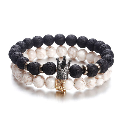 Black White Stone Crown Bracelets For Women Men Volcanic Couple Beads