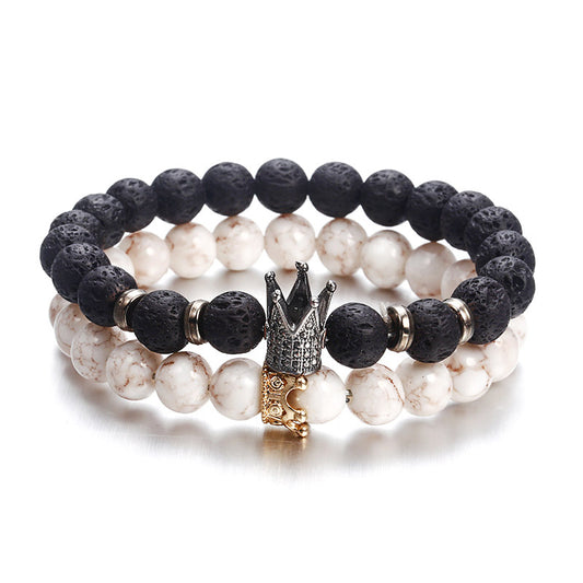 Black White Stone Crown Bracelets For Women Men Volcanic Couple Beads