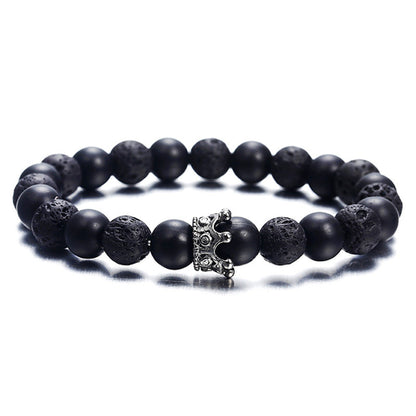 Black White Stone Crown Bracelets For Women Men Volcanic Couple Beads