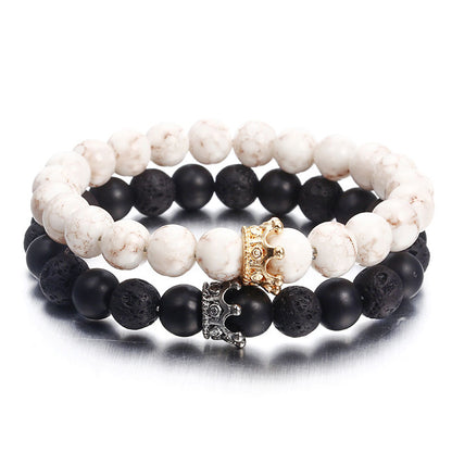 Black White Stone Crown Bracelets For Women Men Volcanic Couple Beads