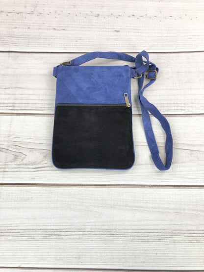 Blue And Taupe Suede Embroidered Cross-Body Bag