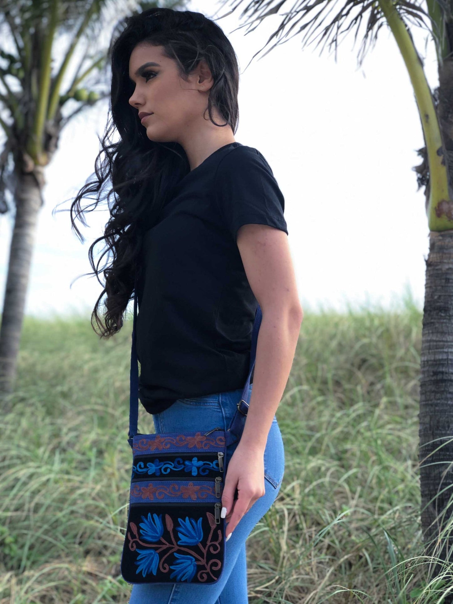 Blue And Taupe Suede Embroidered Cross-Body Bag