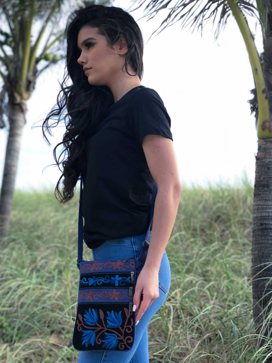 Blue And Taupe Suede Embroidered Cross-Body Bag