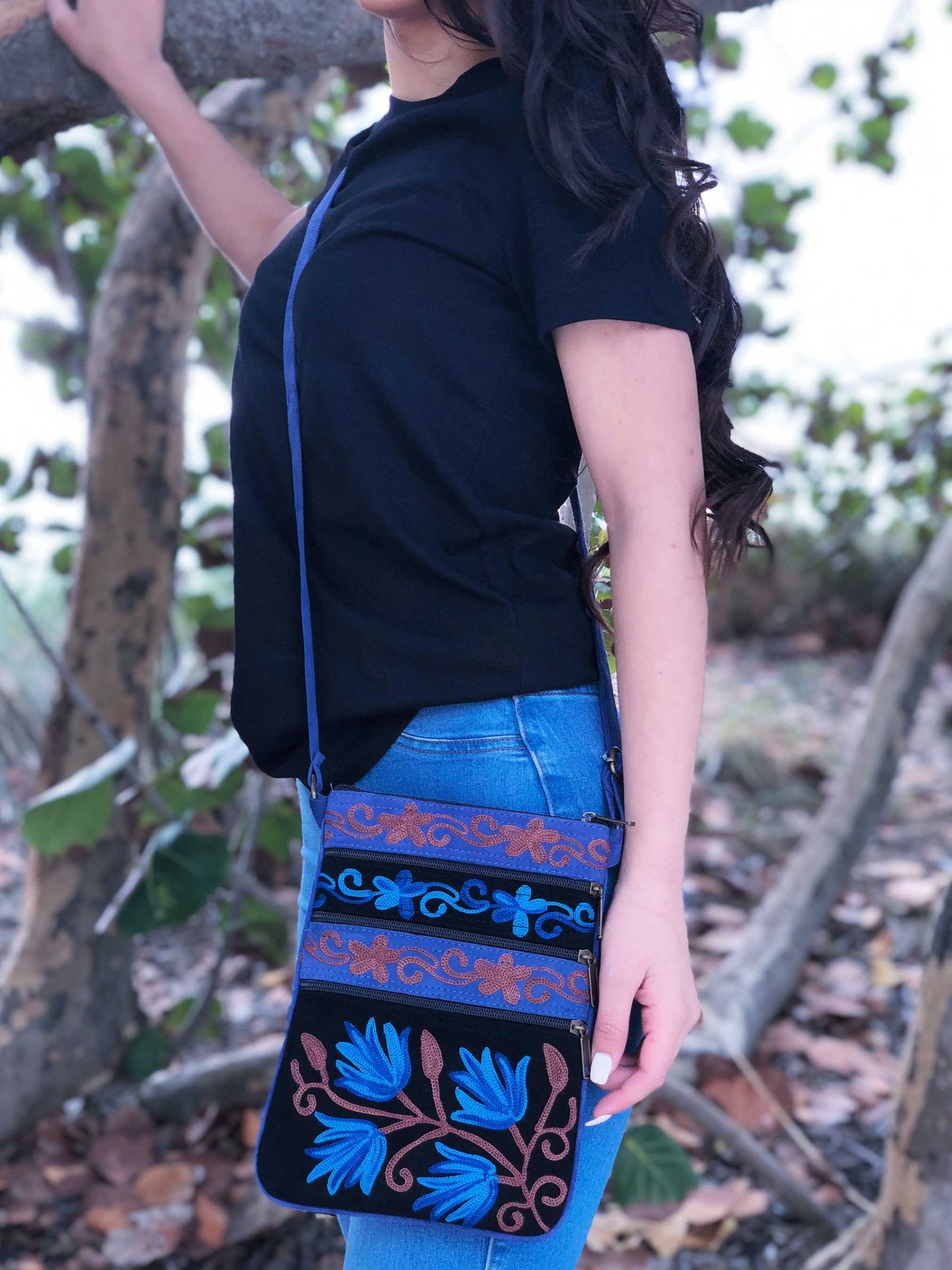 Blue And Taupe Suede Embroidered Cross-Body Bag
