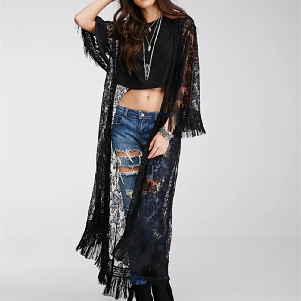 MwWiiWwM Summer 2019 New Arrival Long Perspective Cardigan Kimono Loose Tassels Shawl Beach Black Color Blusas Multi-size 35