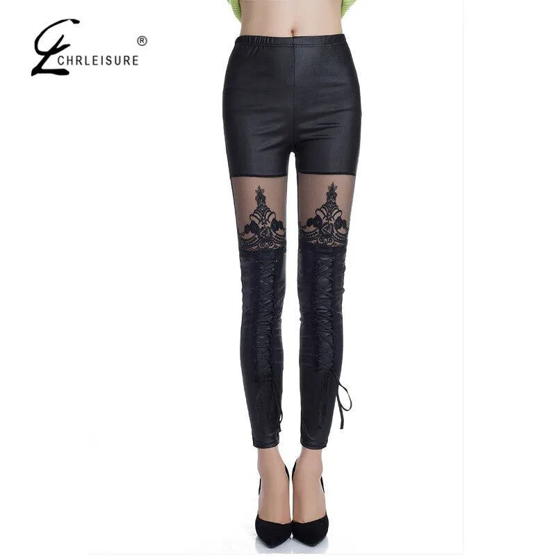 CHLEISURE S-XL Women's Sexy Lace Patchwork Punk Rock Leggings Casual Legging Calzas Deportivas Mujer Punk Style Leggins