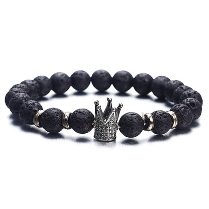 Black White Stone Crown Bracelets For Women Men Volcanic Couple Beads