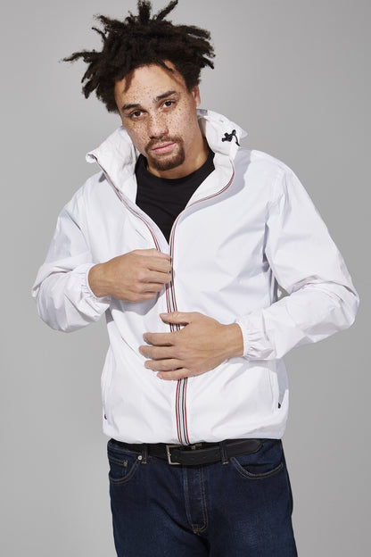 White full zip packable rain jacket and windbreaker
