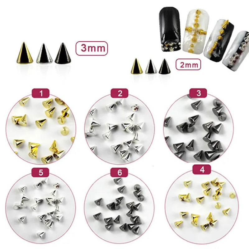 TSZS 1/2/3mm Spikes On Nail Metal Studs Conical Shape Punk Style Halloween Nail Charms Flat Back Rivets 3D Alloy Nail Decoration