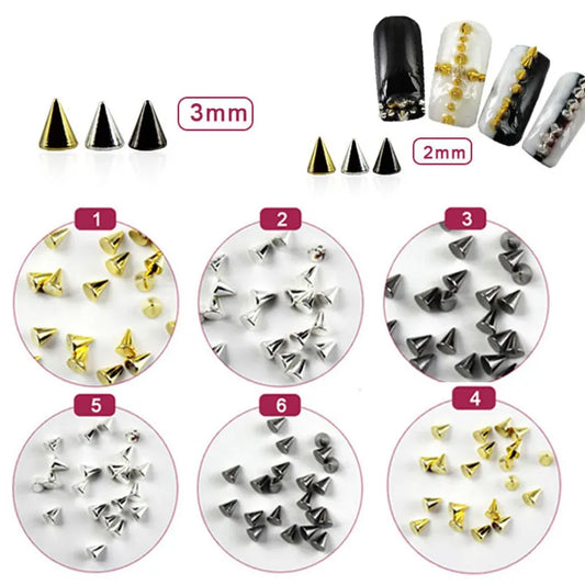 TSZS 1/2/3mm Spikes On Nail Metal Studs Conical Shape Punk Style Halloween Nail Charms Flat Back Rivets 3D Alloy Nail Decoration