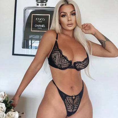 Yimunancy 2-Piece Hallow Out Bra Set Women Bra Underwire + Panty Sexy Underwear Set Ladies Fashion Lingerie Set