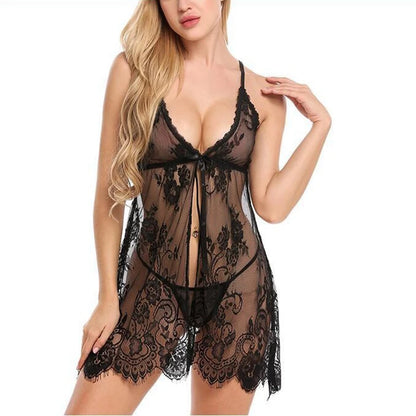 Plus Size Nightgown Women Deep V-neck Sexy See Though Underwear Lace Mesh Backless Lingerie Femme Sleeveless Slit Pajamas