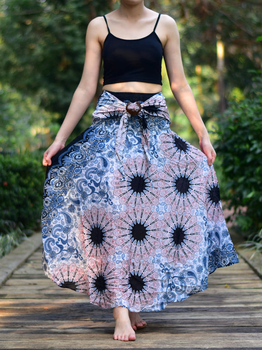 Bohotusk White Pink Ink Splash Long Skirt With Coconut Buckle (&