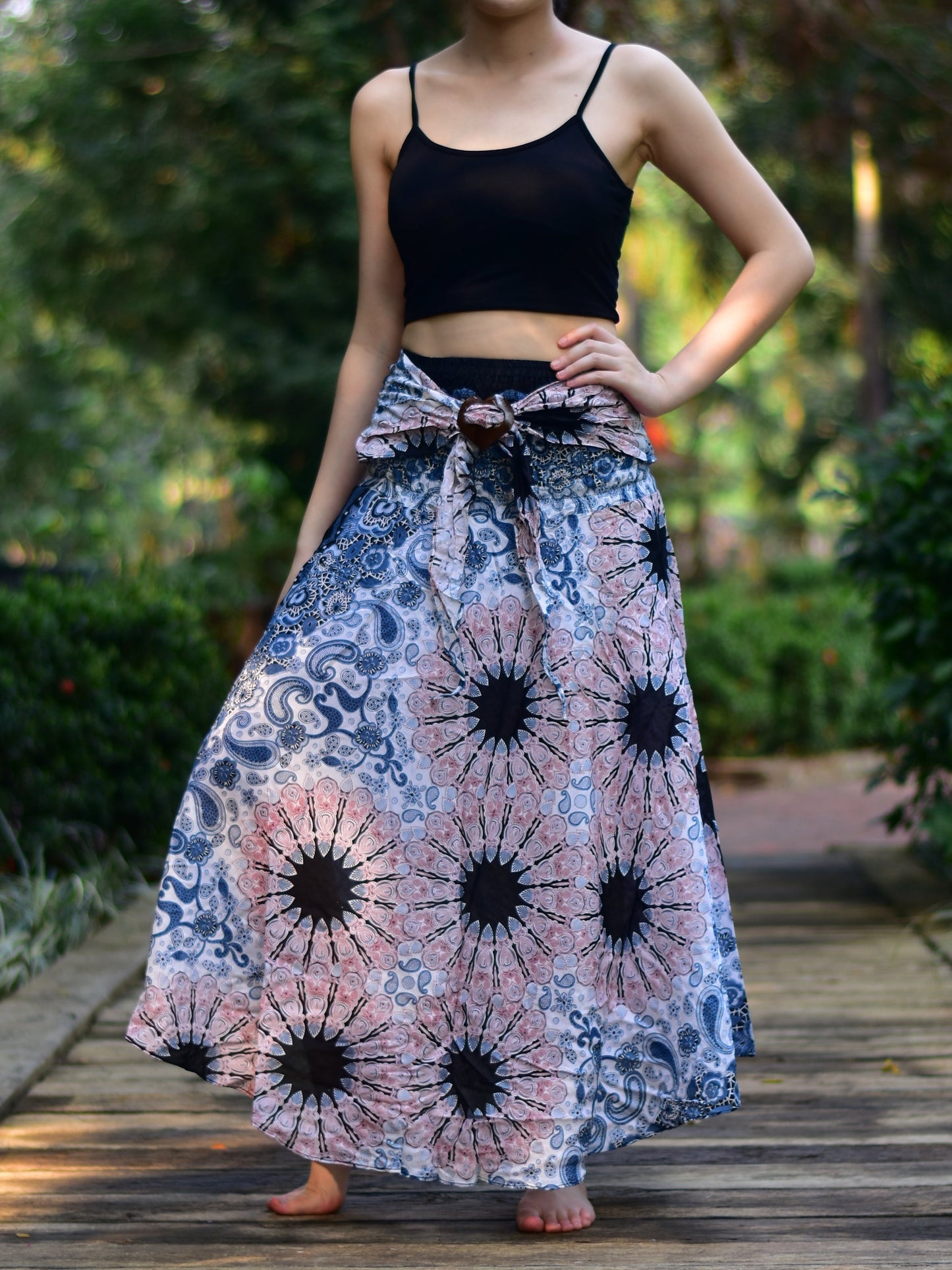 Bohotusk White Pink Ink Splash Long Skirt With Coconut Buckle (&