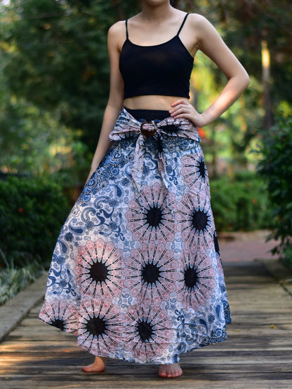 Bohotusk White Pink Ink Splash Long Skirt With Coconut Buckle (&