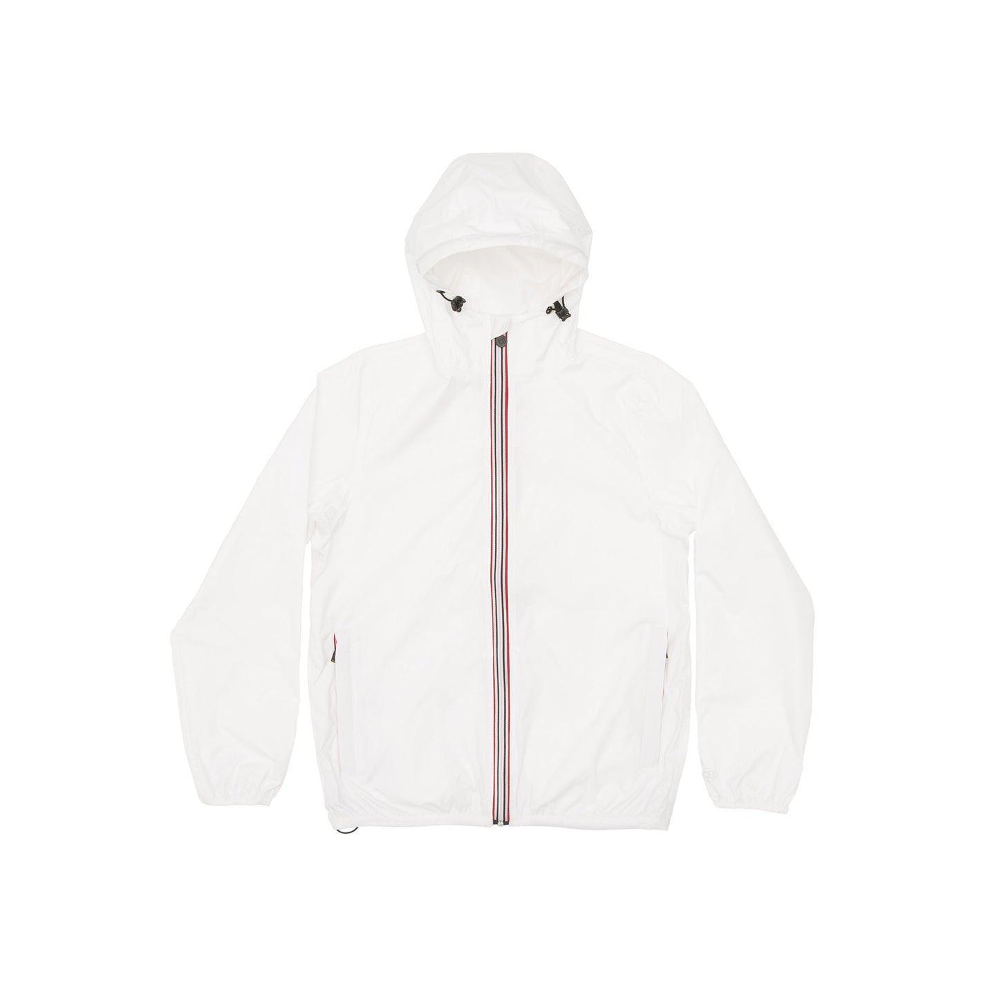 White full zip packable rain jacket and windbreaker
