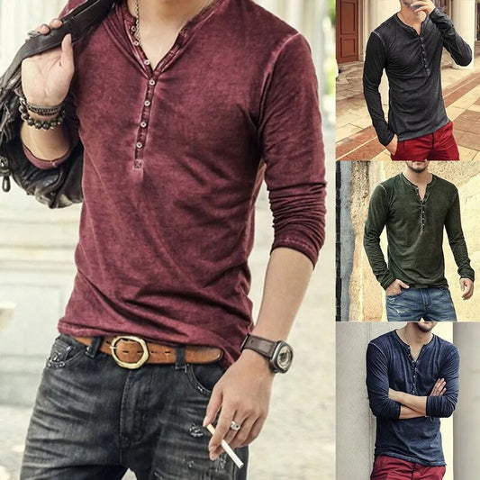 2020 Men Tee Shirt V-Neck Long Sleeve Tee&Tops Stylish Slim Buttons T-Shirt Autumn Casual Solid Male Clothing plus Size 3XL